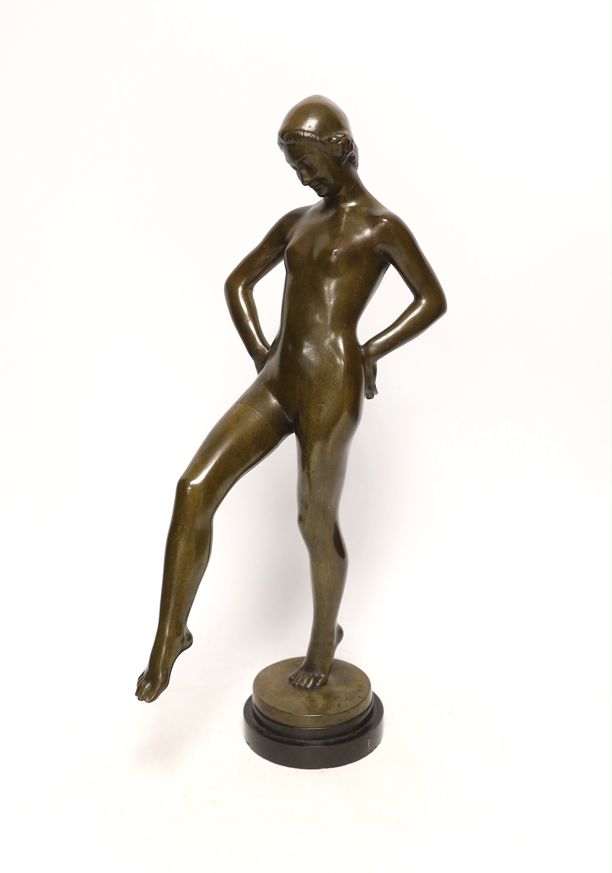 After Daniel-Joseph Bacqué (1874-1947), a bronze figure of an Art Deco woman, raised on circular slate base, 42cm high